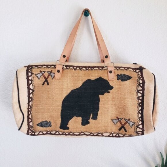 NWOT Western Boho Canvas Leather Large Bag Duffle - Picture 1 of 13